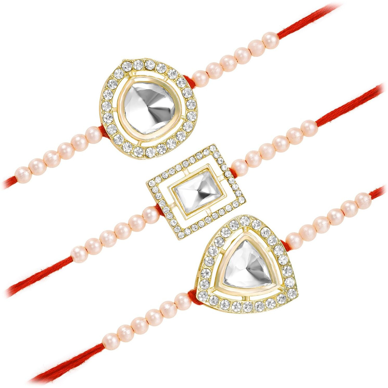 Peora Traditional Legacy of Rakshabandhan with Kundan & Pearl Rakhi for Brother, White Set of 3
