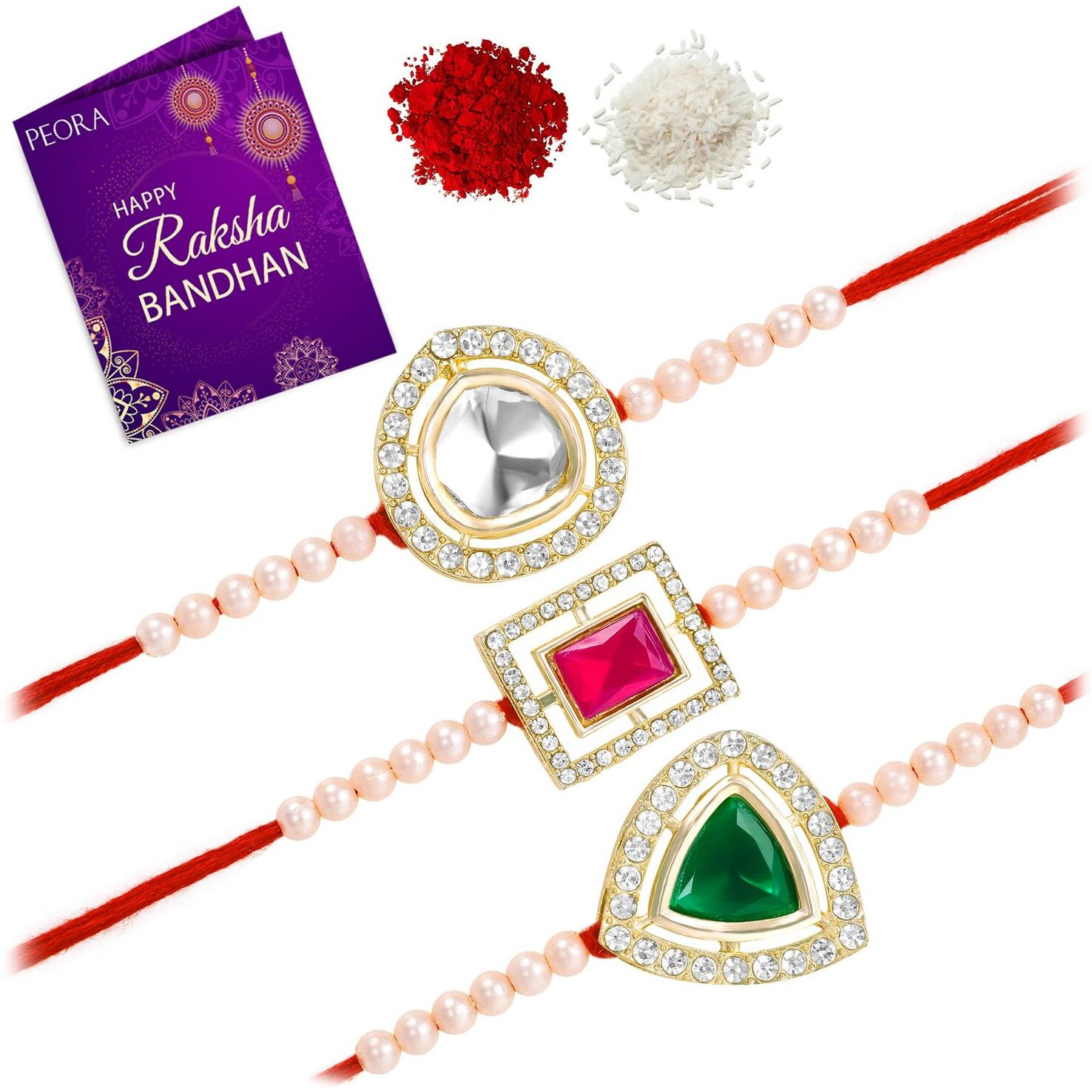 Peora Traditional Legacy of Rakshabandhan with Kundan & Pearl Rakhi for Brother, Green, White & Rani Pink, Set of 3