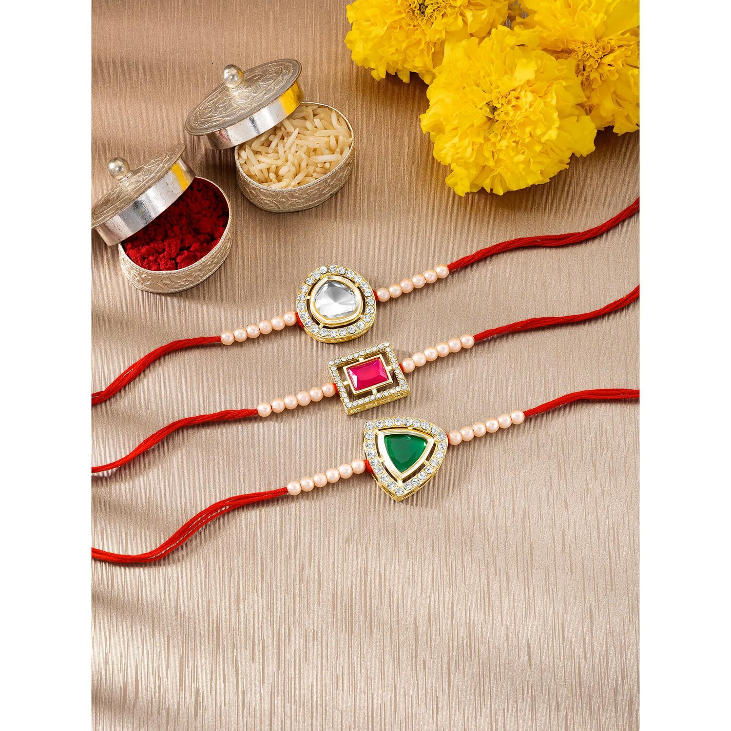 Peora Traditional Legacy of Rakshabandhan with Kundan & Pearl Rakhi for Brother, Green, White & Rani Pink, Set of 3