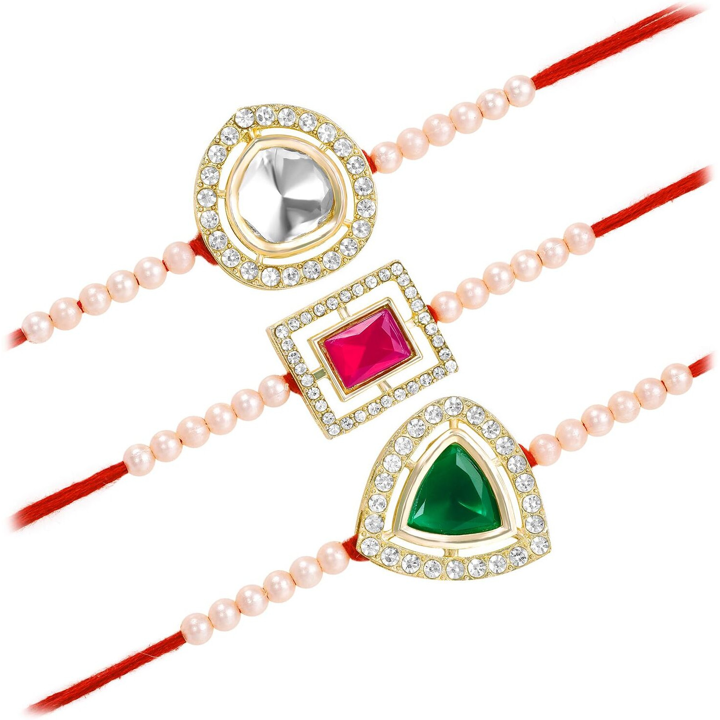 Peora Traditional Legacy of Rakshabandhan with Kundan & Pearl Rakhi for Brother, Green, White & Rani Pink, Set of 3