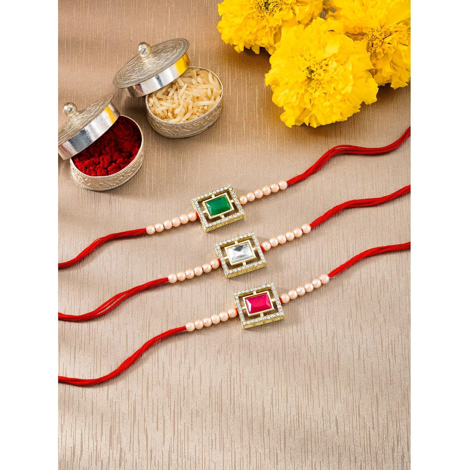 Peora Traditional Legacy of Rakshabandhan with Kundan & Pearl Rakhi for Brother, Green, Rani Pink & White, Set of 3