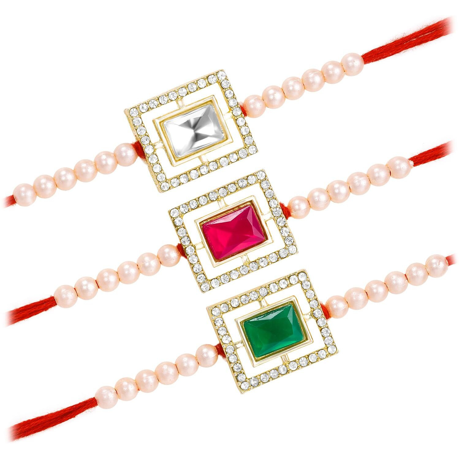Peora Traditional Legacy of Rakshabandhan with Kundan & Pearl Rakhi for Brother, Green, Rani Pink & White, Set of 3