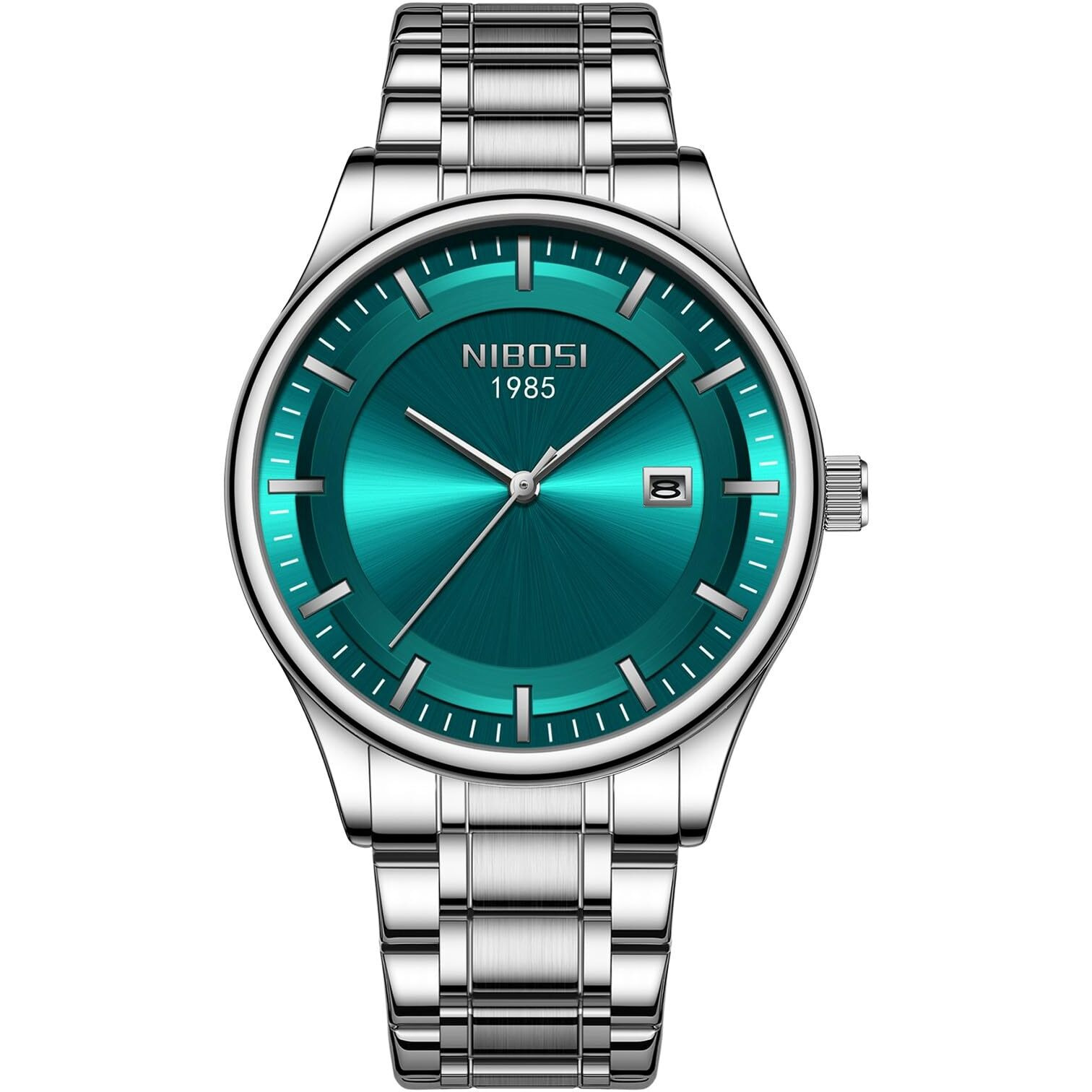 NIBOSI Mens Watch Analog, Stainless Steel Band, Date Display, Business Casual Dress Watch  Perfect Birthday Rakhi Gift for Men (Silver-Green)