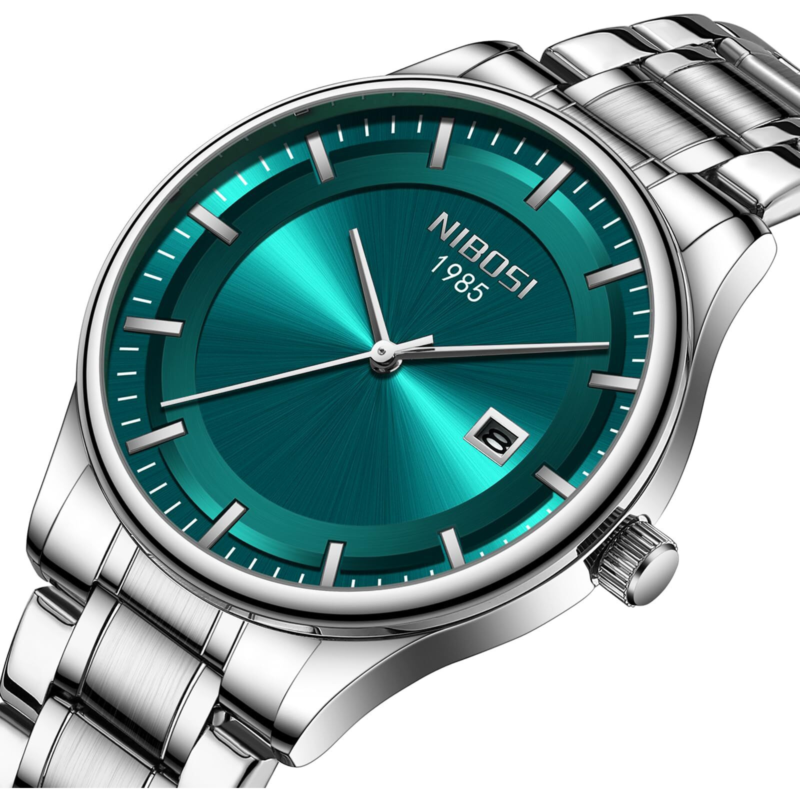 NIBOSI Mens Watch Analog, Stainless Steel Band, Date Display, Business Casual Dress Watch  Perfect Birthday Rakhi Gift for Men (Silver-Green)