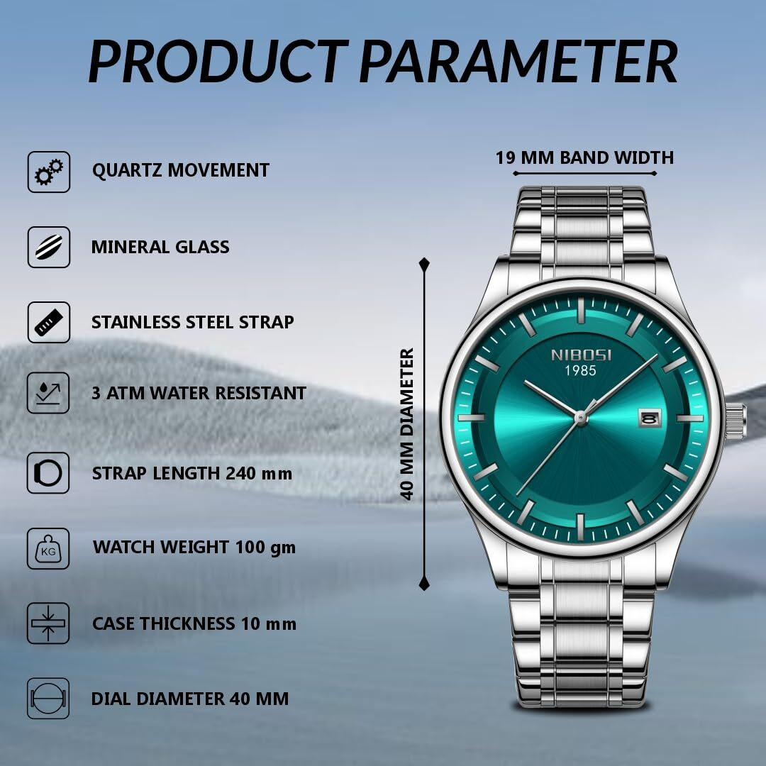 NIBOSI Mens Watch Analog, Stainless Steel Band, Date Display, Business Casual Dress Watch  Perfect Birthday Rakhi Gift for Men (Silver-Green)