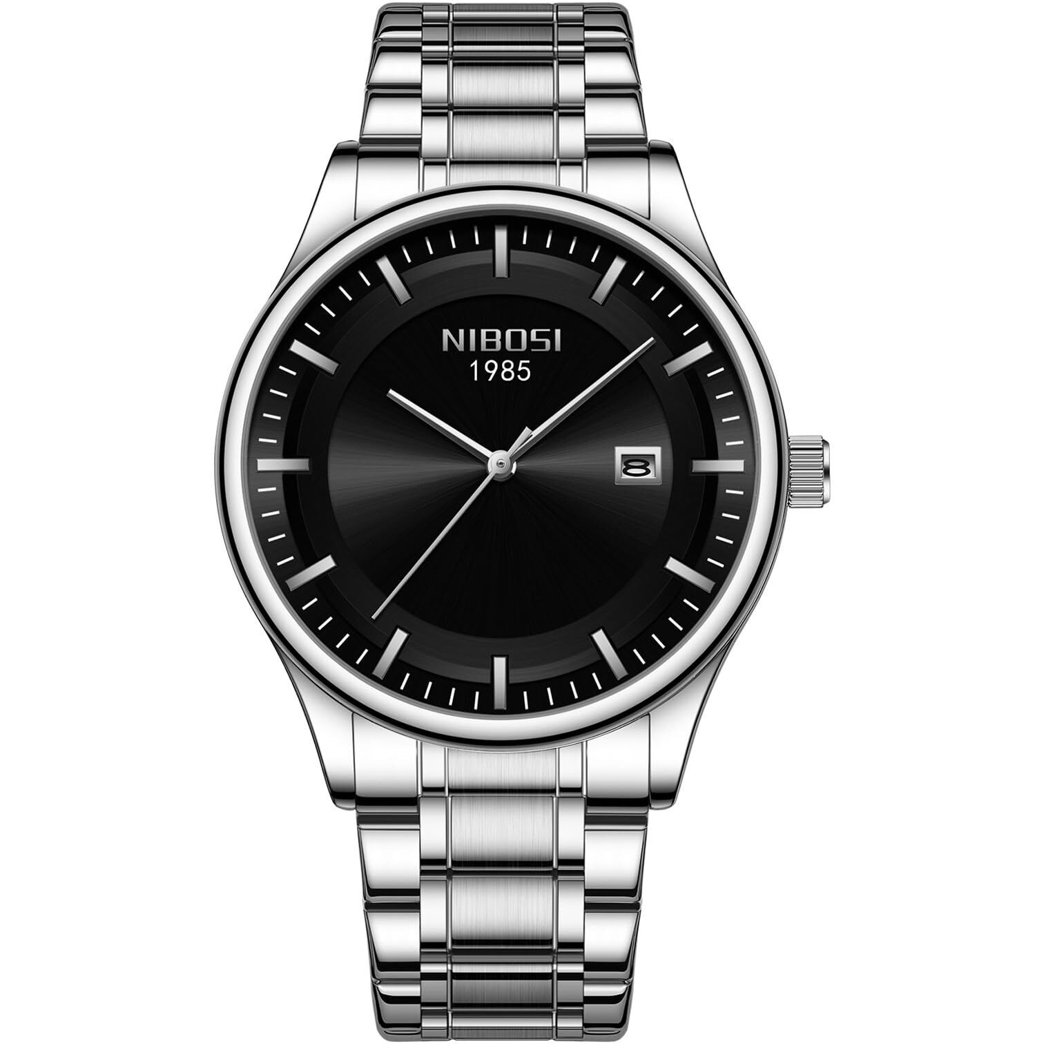NIBOSI Mens Watch Analog, Stainless Steel Band, Date Display, Business Casual Dress Watch  Perfect Birthday Rakhi Gift for Men (Silver-Black)