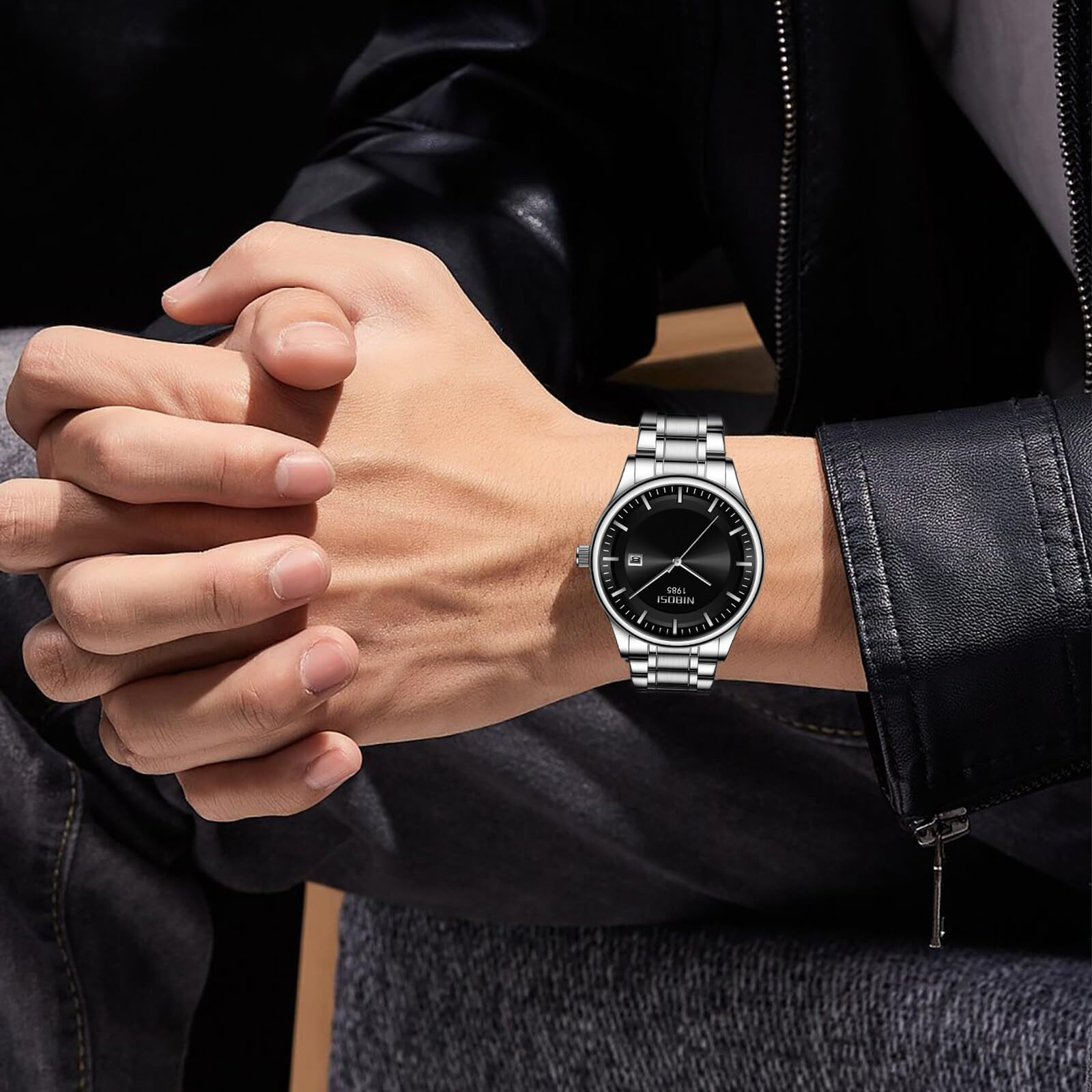 NIBOSI Mens Watch Analog, Stainless Steel Band, Date Display, Business Casual Dress Watch  Perfect Birthday Rakhi Gift for Men (Silver-Black)