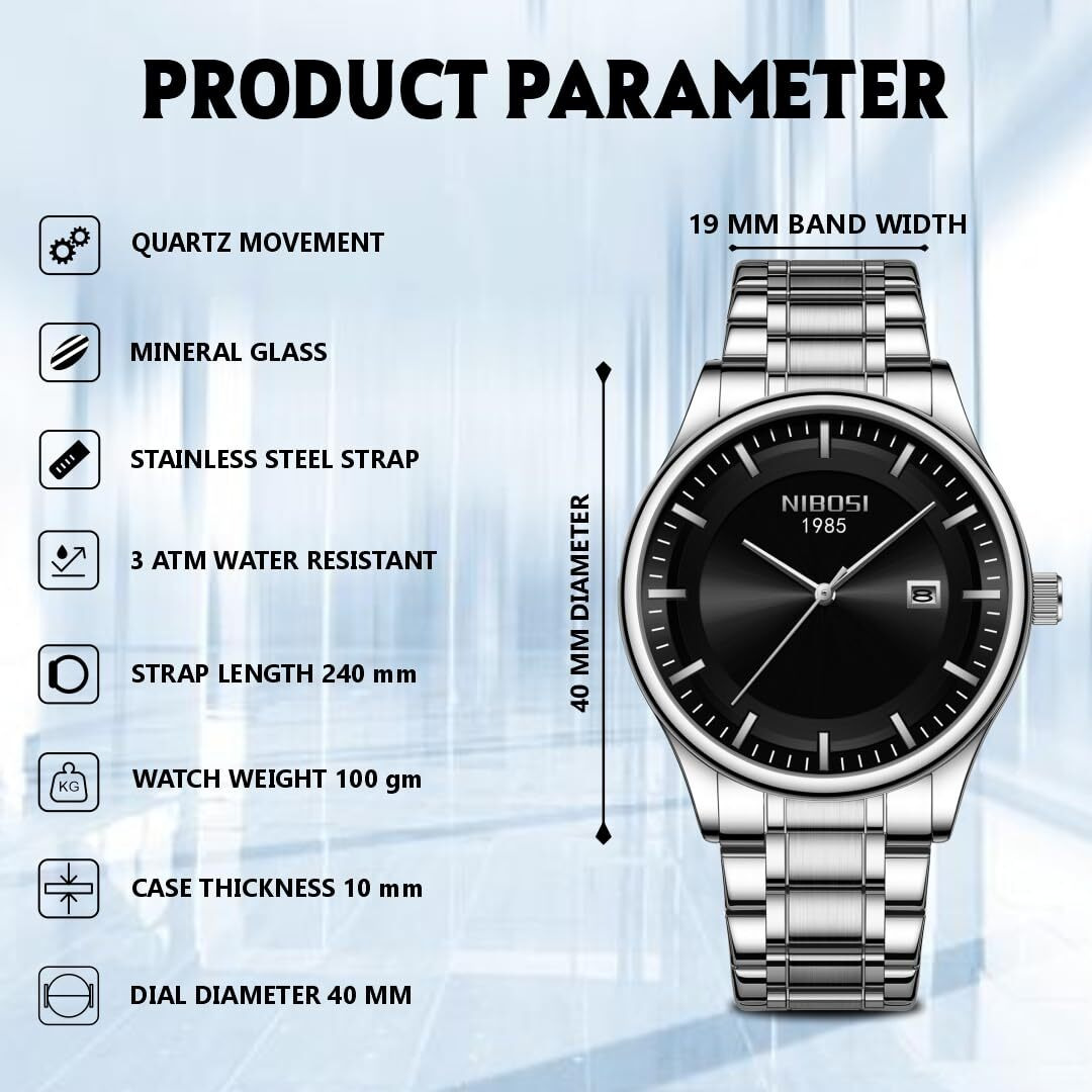 NIBOSI Mens Watch Analog, Stainless Steel Band, Date Display, Business Casual Dress Watch  Perfect Birthday Rakhi Gift for Men (Silver-Black)