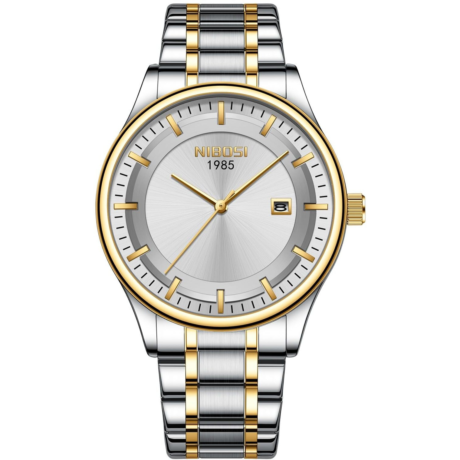 NIBOSI Mens Watch Analog, Stainless Steel Band, Date Display, Business Casual Dress Watch  Perfect Birthday Rakhi Gift for Men (Silver-Gold-Silver)