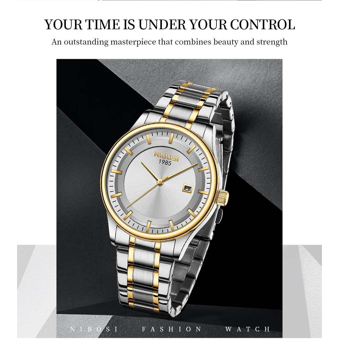 NIBOSI Mens Watch Analog, Stainless Steel Band, Date Display, Business Casual Dress Watch  Perfect Birthday Rakhi Gift for Men (Silver-Gold-Silver)
