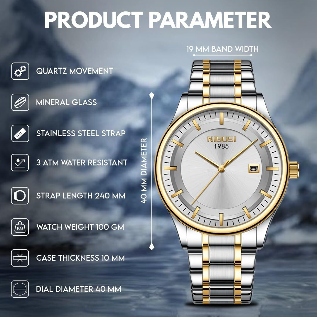 NIBOSI Mens Watch Analog, Stainless Steel Band, Date Display, Business Casual Dress Watch  Perfect Birthday Rakhi Gift for Men (Silver-Gold-Silver)