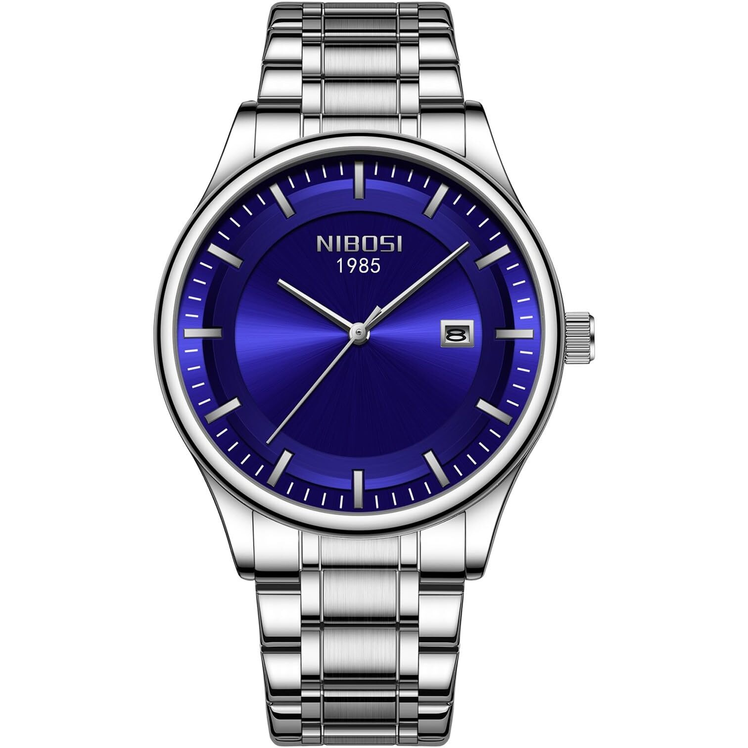 NIBOSI Mens Watch Analog, Stainless Steel Band, Date Display, Business Casual Dress Watch  Perfect Birthday Rakhi Gift for Men (Silver-Blue)