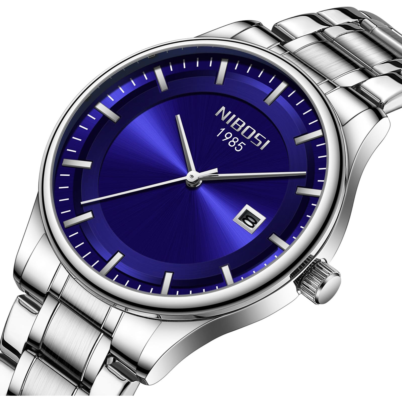 NIBOSI Mens Watch Analog, Stainless Steel Band, Date Display, Business Casual Dress Watch  Perfect Birthday Rakhi Gift for Men (Silver-Blue)