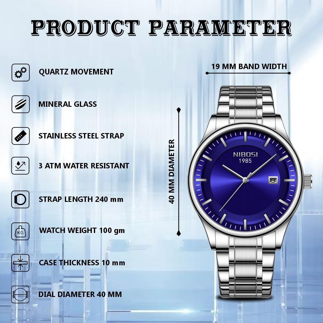 NIBOSI Mens Watch Analog, Stainless Steel Band, Date Display, Business Casual Dress Watch  Perfect Birthday Rakhi Gift for Men (Silver-Blue)