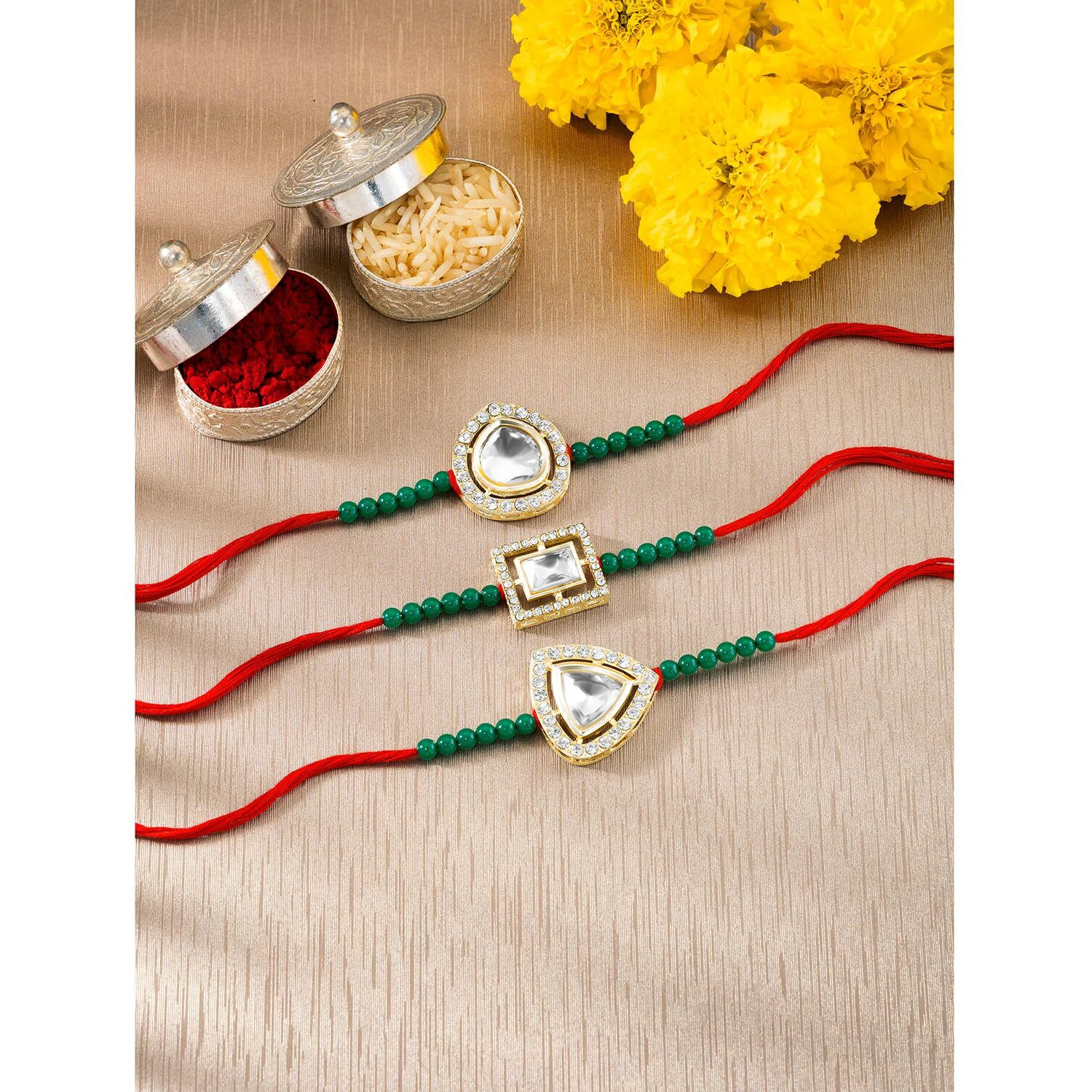 Peora Traditional Legacy of Rakshabandhan with Kundan & Pearl Rakhi for Brother White Set of 3