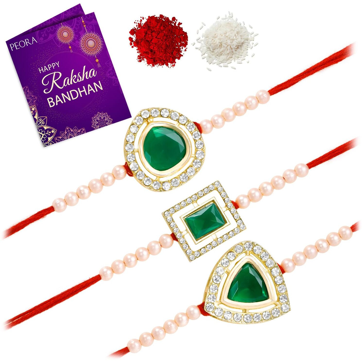Peora Traditional Legacy of Rakshabandhan with Stone & Pearl Rakhi for Brother, Green Set of 3
