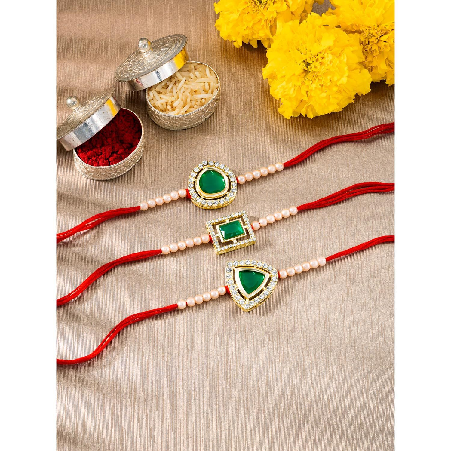 Peora Traditional Legacy of Rakshabandhan with Stone & Pearl Rakhi for Brother, Green Set of 3