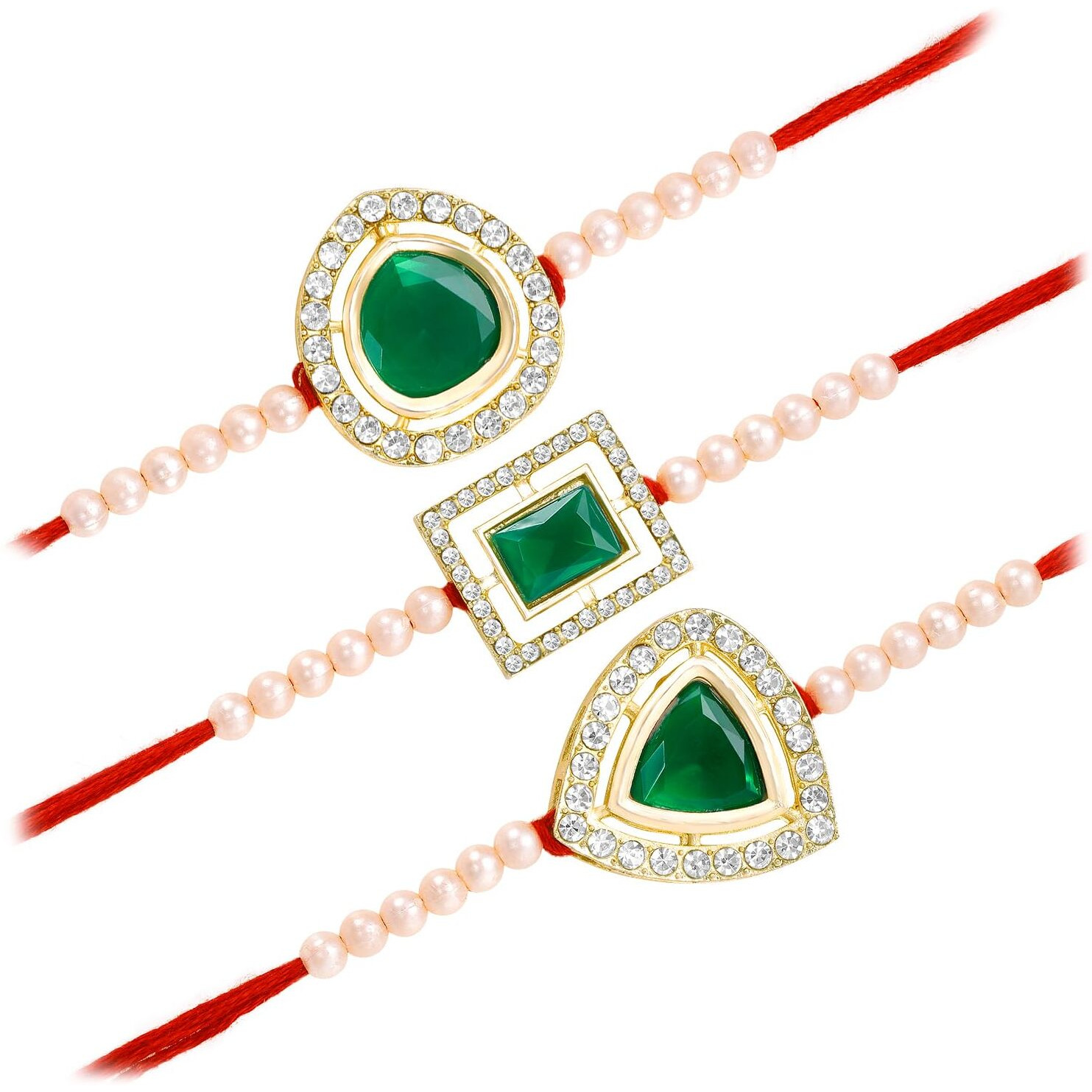 Peora Traditional Legacy of Rakshabandhan with Stone & Pearl Rakhi for Brother, Green Set of 3
