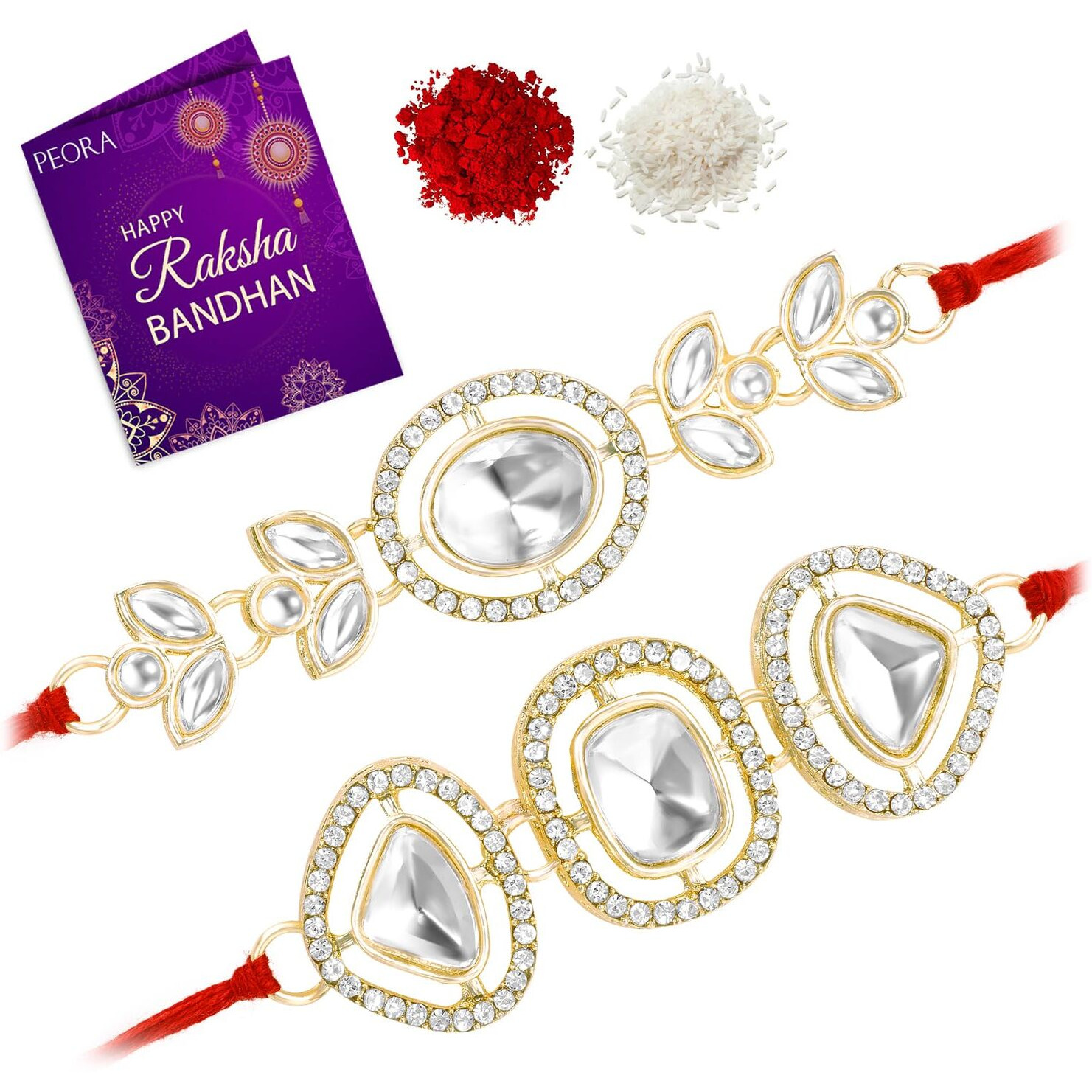 Peora Traditional Legacy of Rakshabandhan with Kundan & Stone Rakhi for Brother, White Set of 2