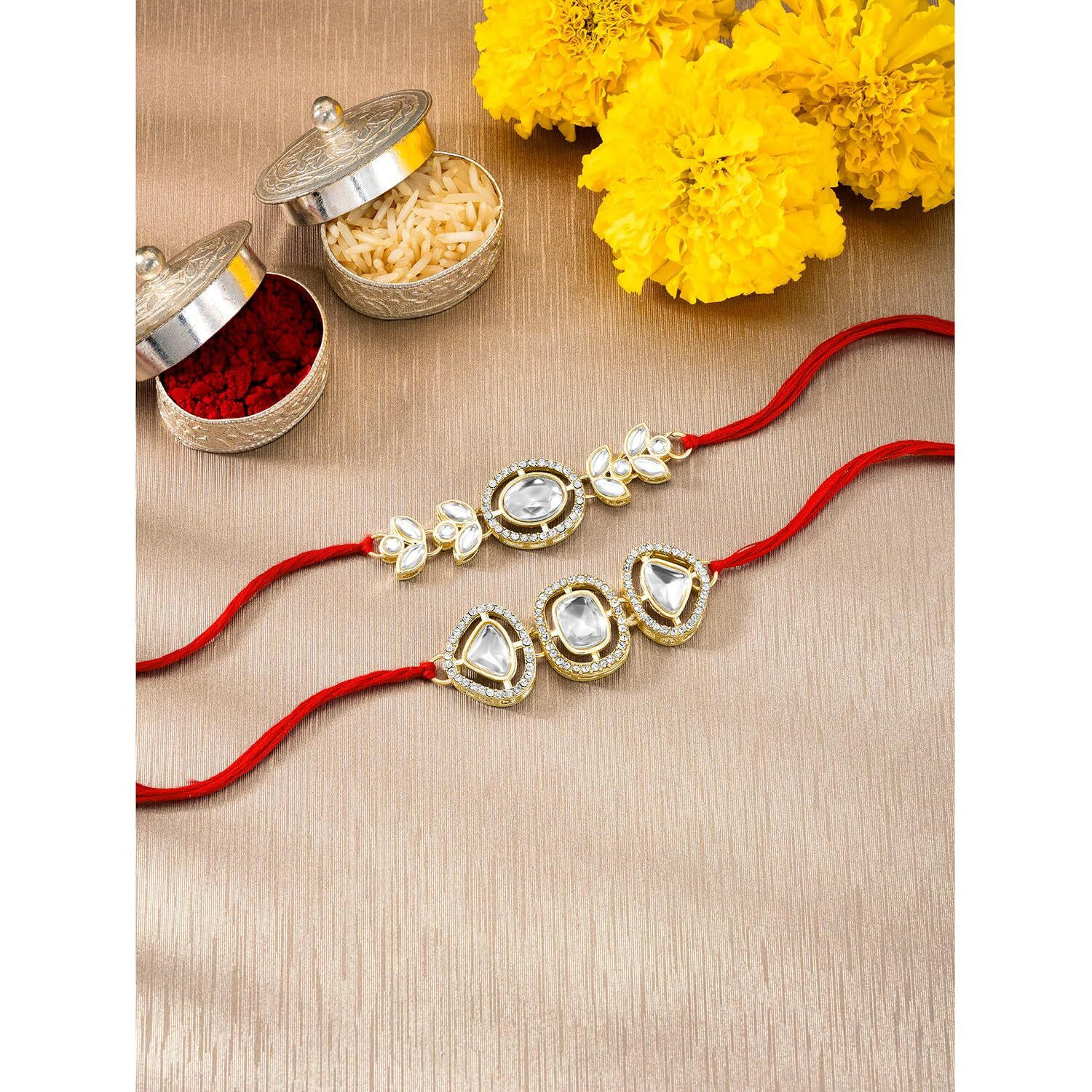 Peora Traditional Legacy of Rakshabandhan with Kundan & Stone Rakhi for Brother, White Set of 2