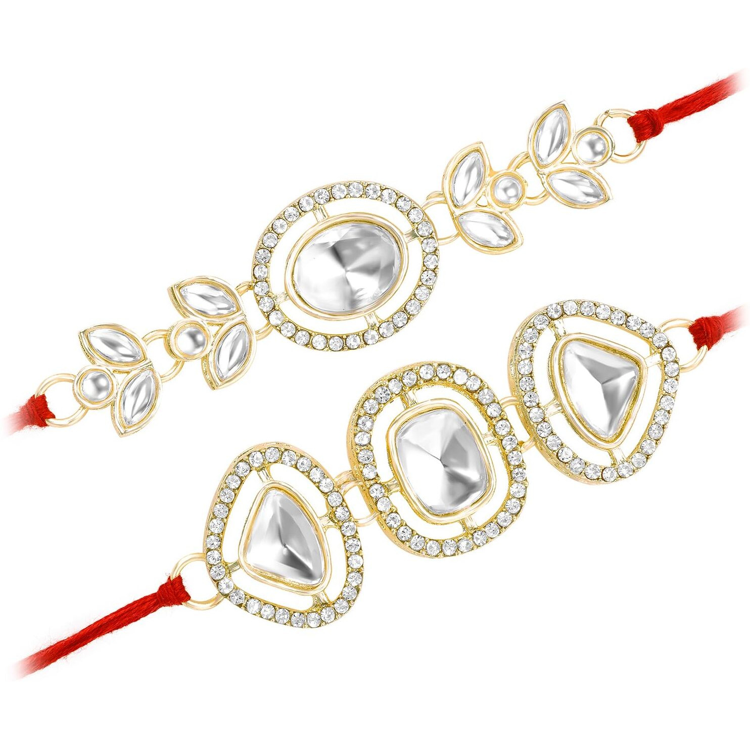 Peora Traditional Legacy of Rakshabandhan with Kundan & Stone Rakhi for Brother, White Set of 2