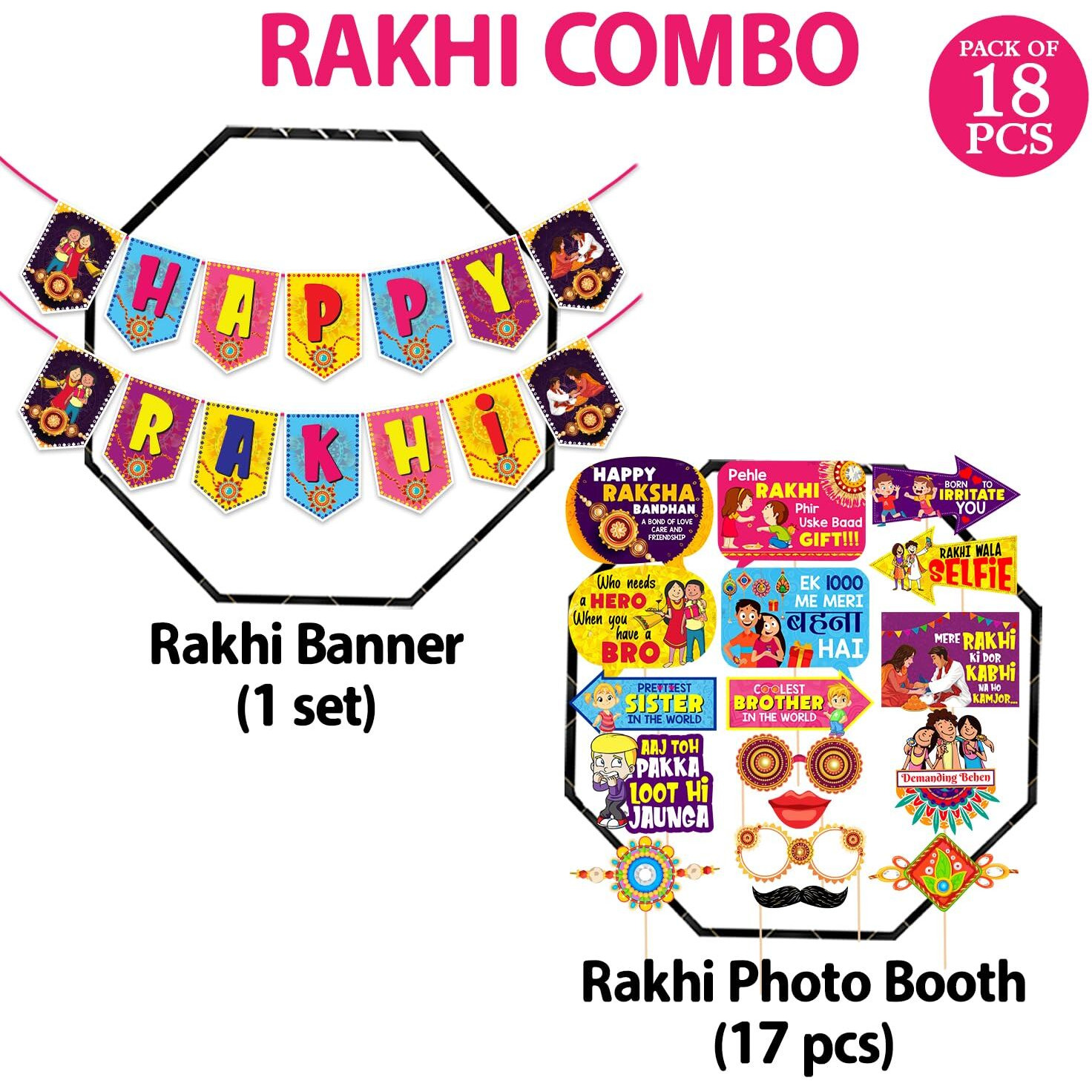 Zyozique Happy Rakhi Decoration Photo Booth Props+1 Set Happy Rakhi Paper Banner,Raksha Bandhan Decoration Items for Rakhi (Pack of 18)