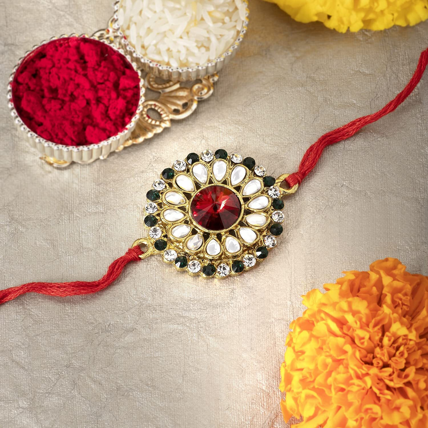 Peora Mens Elegant Kundan & Crystal Stone Rakhi with Raksha Bandhan Greeting Card & Roli Chawal