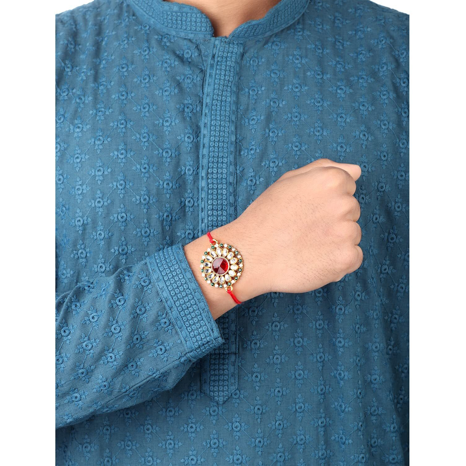 Peora Mens Elegant Kundan & Crystal Stone Rakhi with Raksha Bandhan Greeting Card & Roli Chawal
