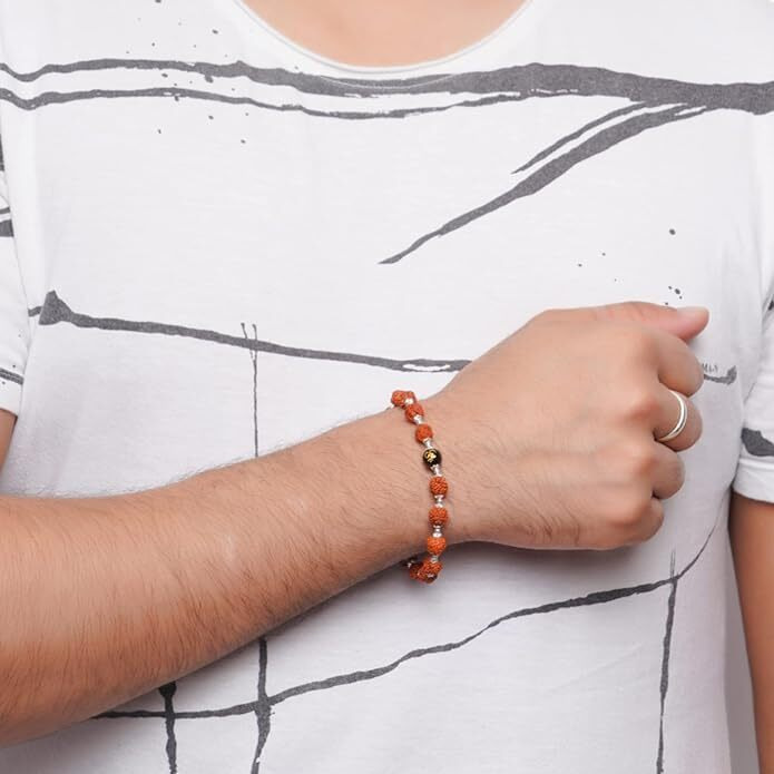 DHRUVS COLLECTION 925 Silver OM Rudraksha Bracelet With Flower Caps for Boys, Girls, Men & Women | Traditional Rakshabandhan Rakhi For Brother & Bhabhi, Ideal For Casual Wear