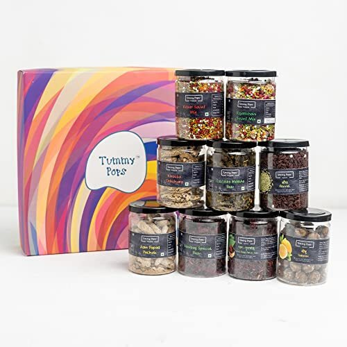 Tummy Pops Rakhi Hamper 9 Sweet Mukhwas Paan Gulkand, Calcutta Meetha Paan, Bombay Paan, Saunf Churi, Rajasthani Saunf, Kesar Saunf, Aam Papad Pachak, Khatta Chhuhara, Nimbu Goli 90 g Each