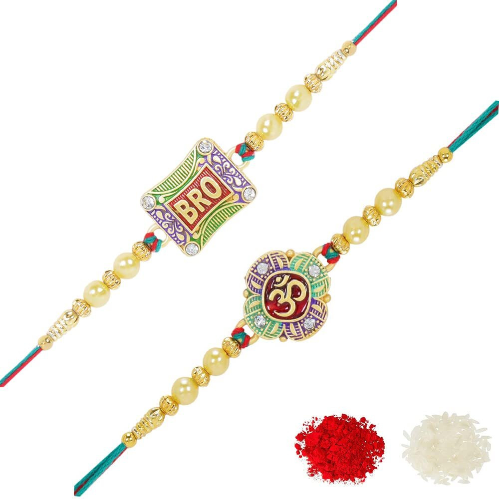 Riddhika Ventures Fabulous Gold Plated Meenakari Rakhi (Set of 2) with Roli Chawal and Greeting Card (P4P6)