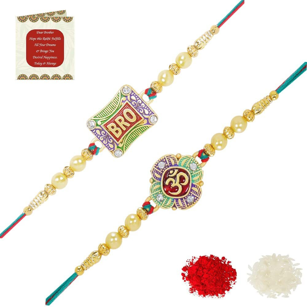 Riddhika Ventures Fabulous Gold Plated Meenakari Rakhi (Set of 2) with Roli Chawal and Greeting Card (P4P6)