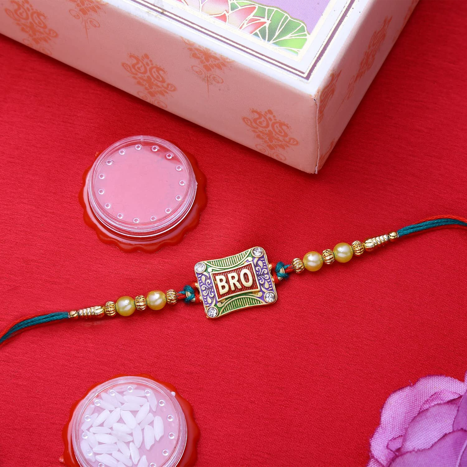 Riddhika Ventures Fabulous Gold Plated Meenakari Rakhi (Set of 2) with Roli Chawal and Greeting Card (P4P6)