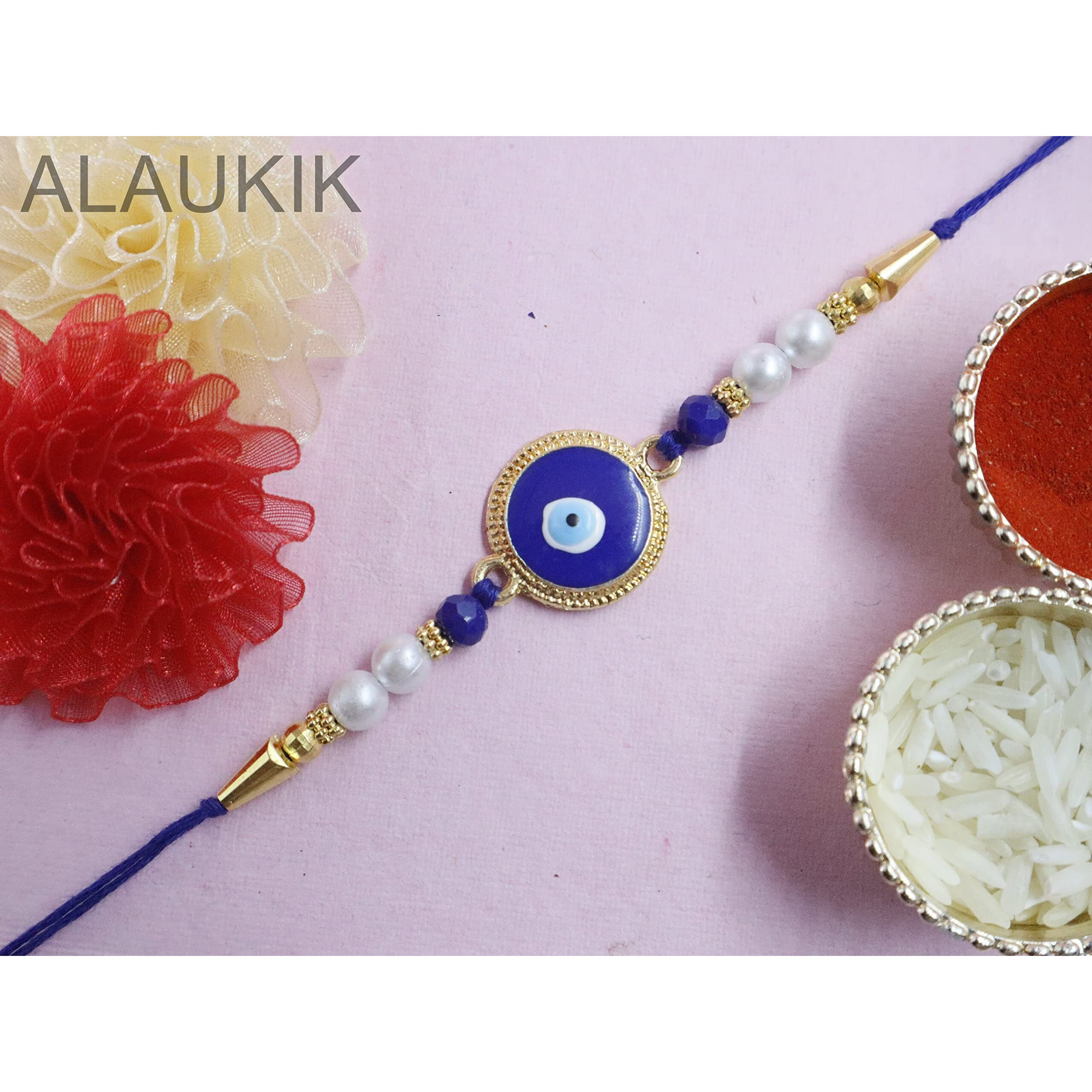 Alaukik Evil Eye Rakhi Protect From Negative Energy Set of 3 Unisex Evil Eye Rakhi With Beads Handmade Rakhi With Roli Chawal for Bro/Brother/Bhaiya/Bhai