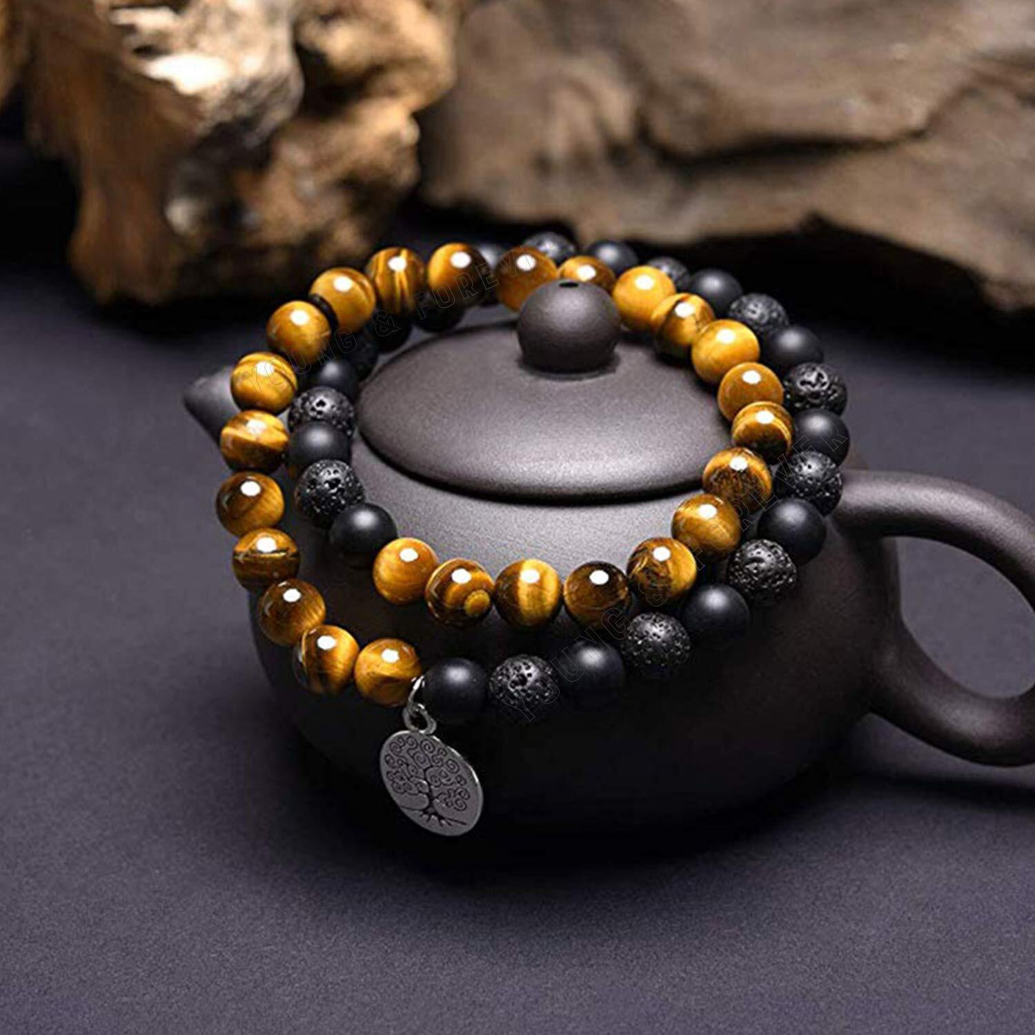 Young & Forever Gift Dvine Spiritual Natural Semi-Precious Tiger Eye Onyx and Lava Tree Of Life Charm Hum Reiki Rakhi Bracelet for Men and Women