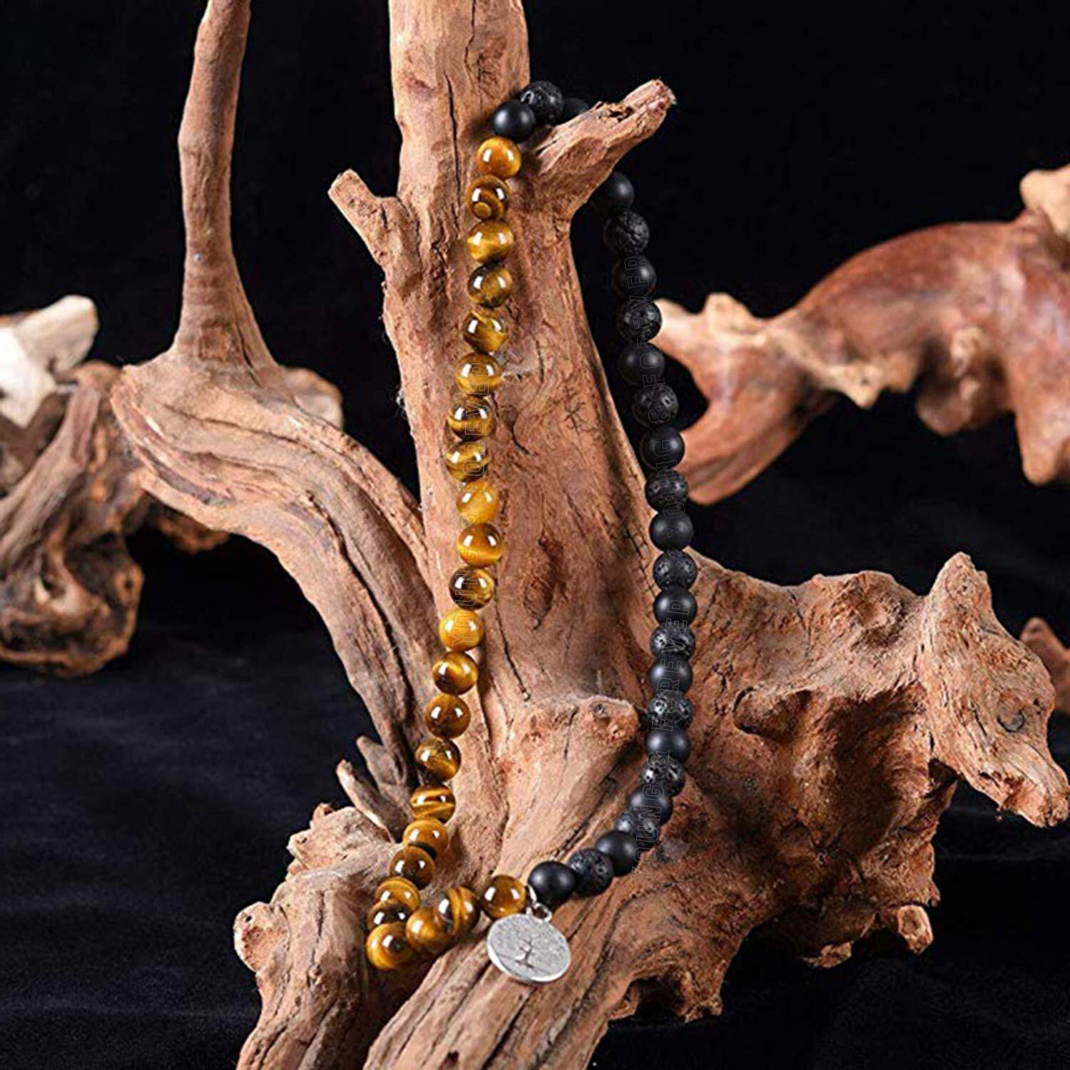 Young & Forever Gift Dvine Spiritual Natural Semi-Precious Tiger Eye Onyx and Lava Tree Of Life Charm Hum Reiki Rakhi Bracelet for Men and Women