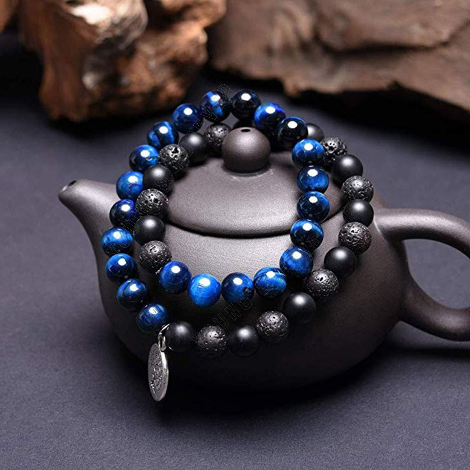 Young & Forever Gift Dvine Spiritual Natural Semi-Precious Blue Tiger Eye Onyx and Lava Tree Of Life Charm Hum Reiki Rakhi Bracelet for Men and Women
