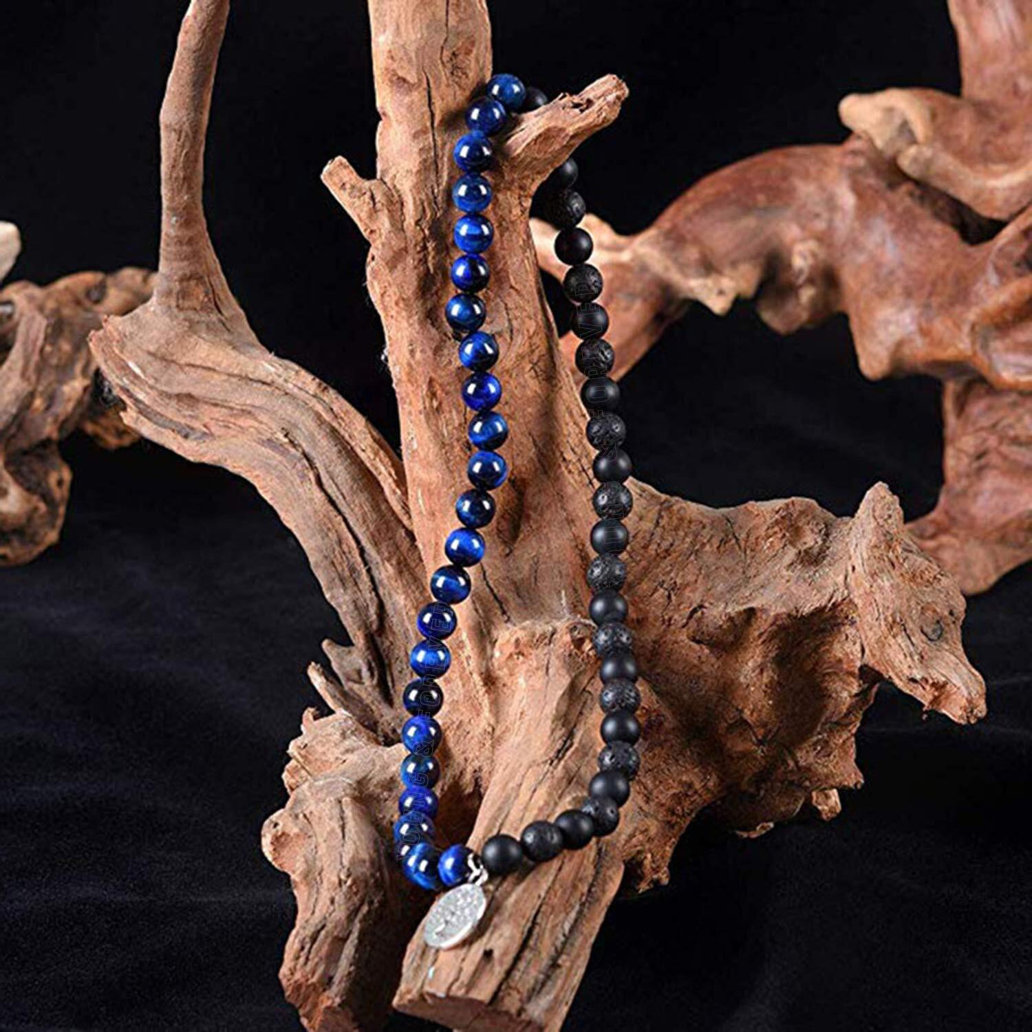 Young & Forever Gift Dvine Spiritual Natural Semi-Precious Blue Tiger Eye Onyx and Lava Tree Of Life Charm Hum Reiki Rakhi Bracelet for Men and Women