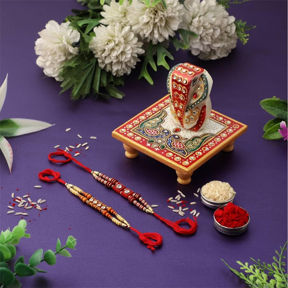 Purpledip Rakhi Hamper, Marble Chowki Ganesha, Set Of 2 Rakshabandhan Bracelets & Auspicious Roli Chawal Tika (rakhi1a)
