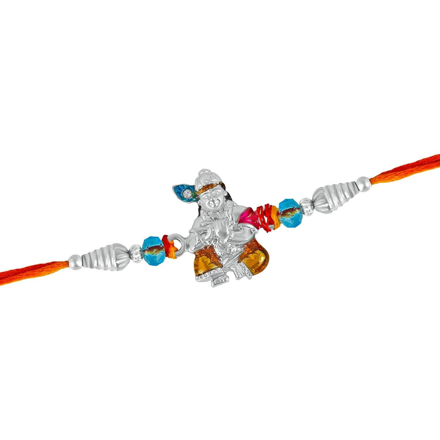 Mahi Rhodium Plated Lord Krishna Meena work Rakhi Bracelet for adorable brothers (RA1100599R)