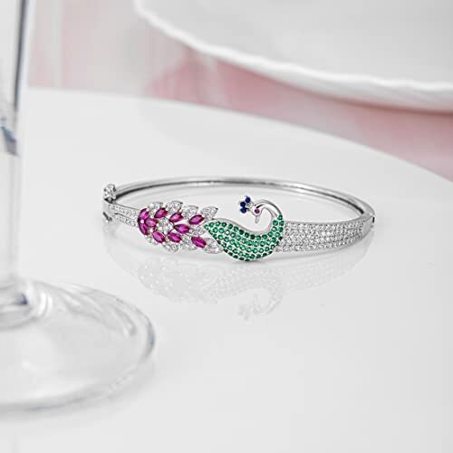 ZAVYA 925 Sterling Silver Cubic Zirconia Peacock Rhodium Plating Cuff Bracelet Rakhi Rakshabandhan Gift for Sister Bhabhi, Gifts for Women & Girls | With Certificate of Authenticity and 925 Hallmark