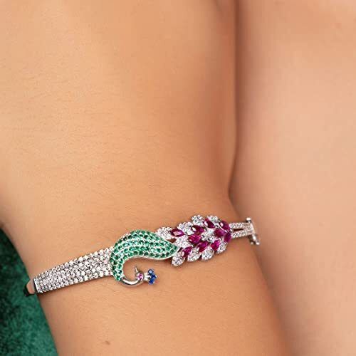 ZAVYA 925 Sterling Silver Cubic Zirconia Peacock Rhodium Plating Cuff Bracelet Rakhi Rakshabandhan Gift for Sister Bhabhi, Gifts for Women & Girls | With Certificate of Authenticity and 925 Hallmark