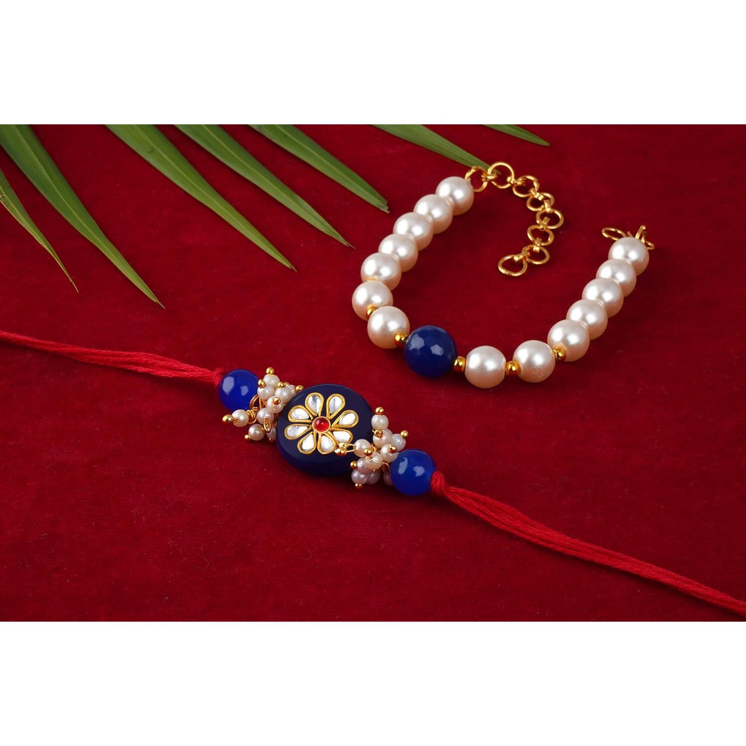 JFL-Jewellery for Less Handmade Kundan Colorful Stone Rakhi for Brother,Combo Designer Collection Couple Pair Rakhi Set for Bhaiya with Roli Chawal for Raksha Bandhan