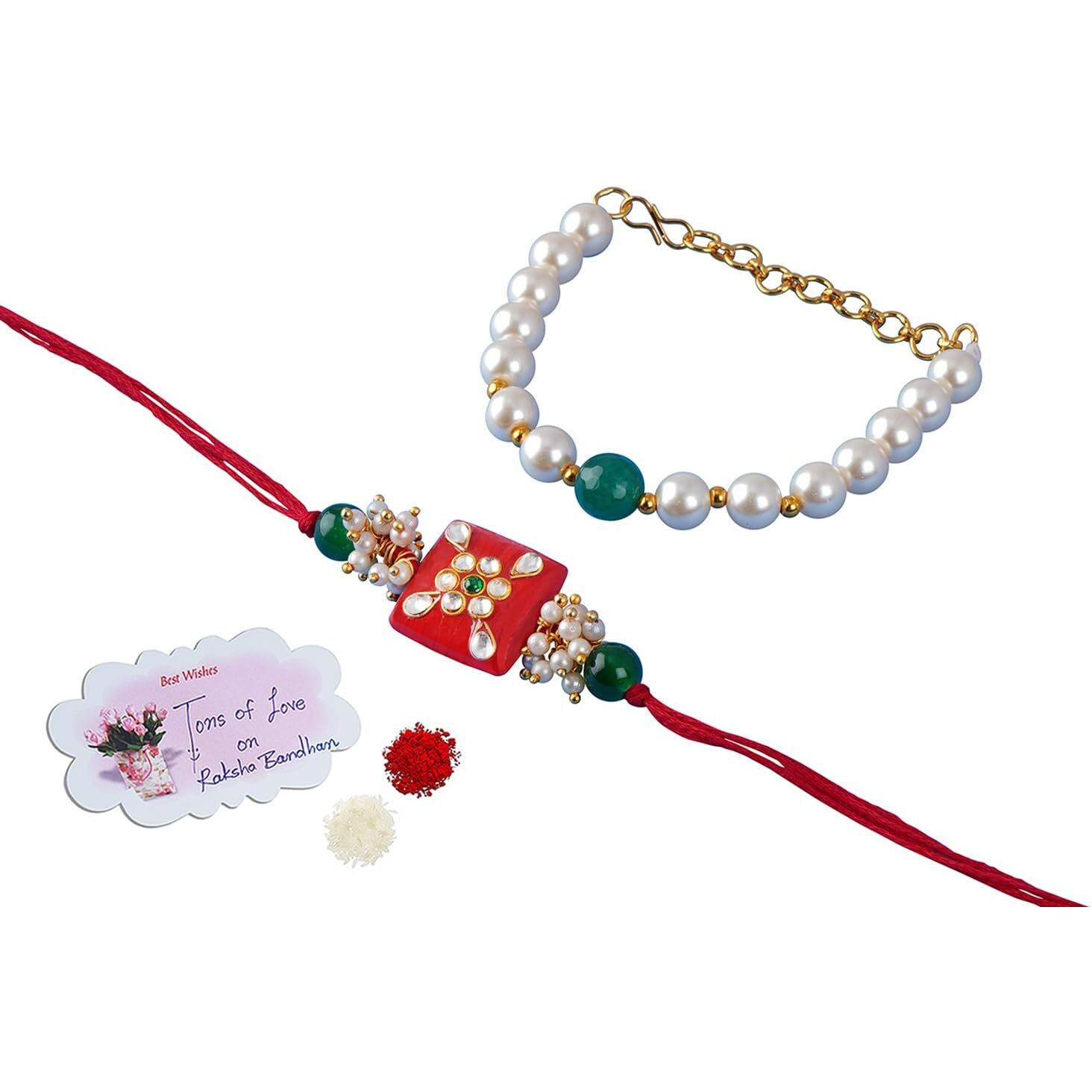 JFL - Jewellery for Less Handmade Kundan Colorful Stone & Pearl,Cotton Bead Rakhi, Combo Collection Couple Pair Set with Roli Chawal (Raksha Bandhan) Unisex Adult