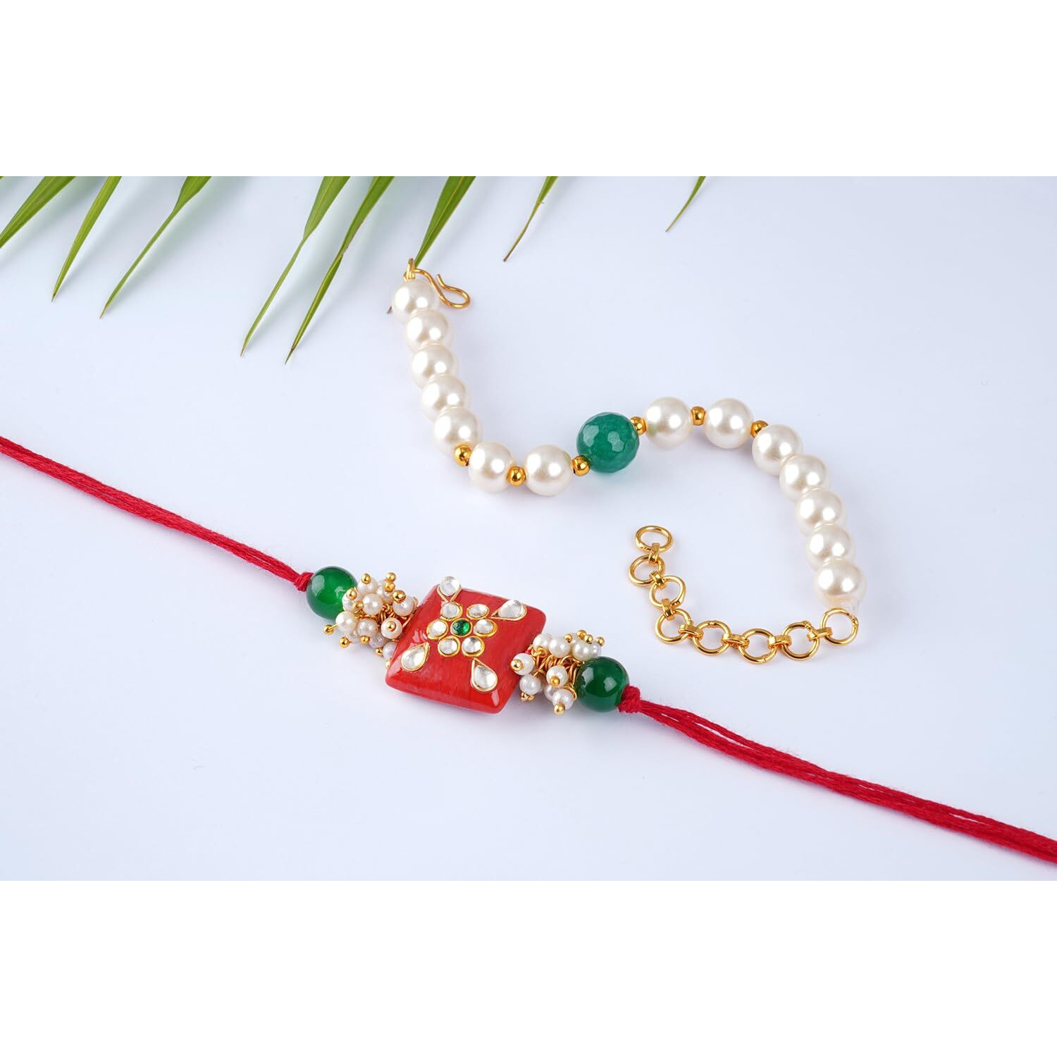 JFL - Jewellery for Less Handmade Kundan Colorful Stone & Pearl,Cotton Bead Rakhi, Combo Collection Couple Pair Set with Roli Chawal (Raksha Bandhan) Unisex Adult