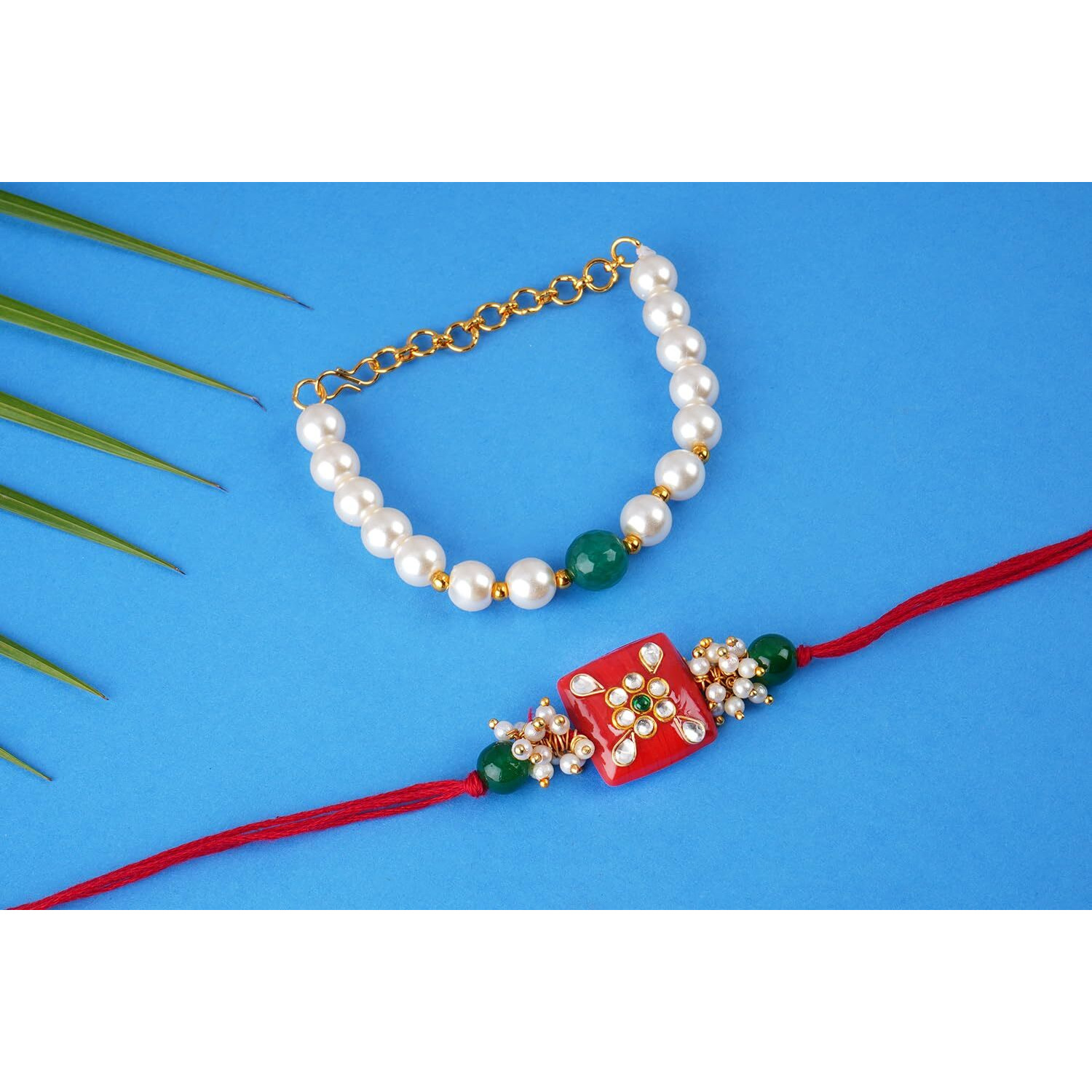 JFL - Jewellery for Less Handmade Kundan Colorful Stone & Pearl,Cotton Bead Rakhi, Combo Collection Couple Pair Set with Roli Chawal (Raksha Bandhan) Unisex Adult
