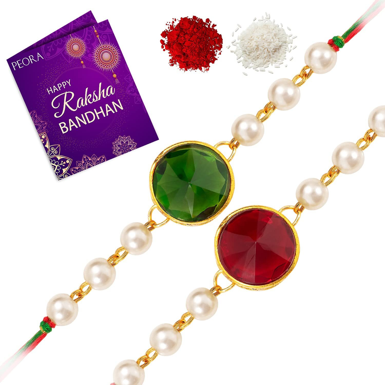 Peora Men Crystal Stone & Pearl Beads Rakhi For Brother Combo Set Of 2 With Raksha Bandhan Greeting Card & Roli Chawal