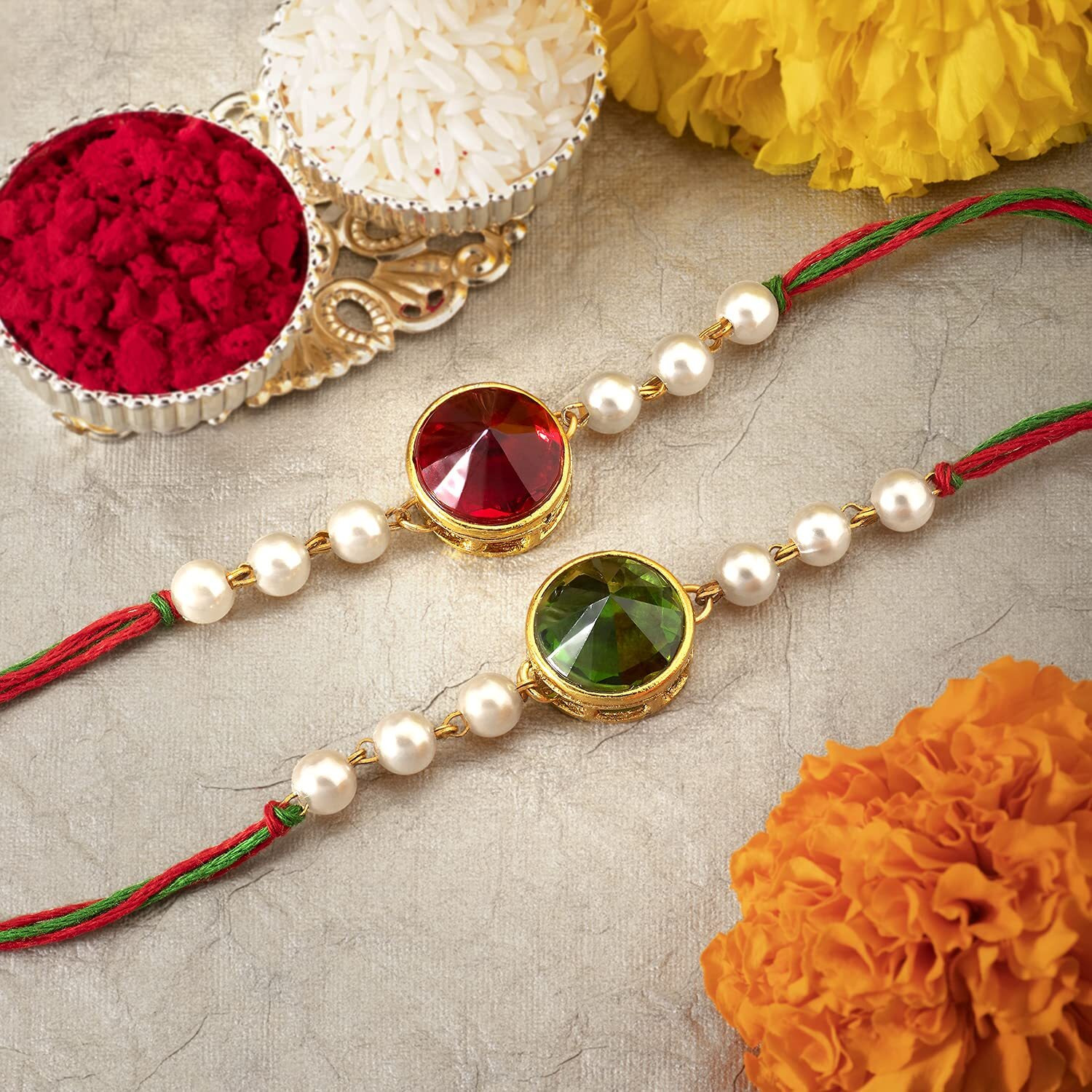 Peora Men Crystal Stone & Pearl Beads Rakhi For Brother Combo Set Of 2 With Raksha Bandhan Greeting Card & Roli Chawal