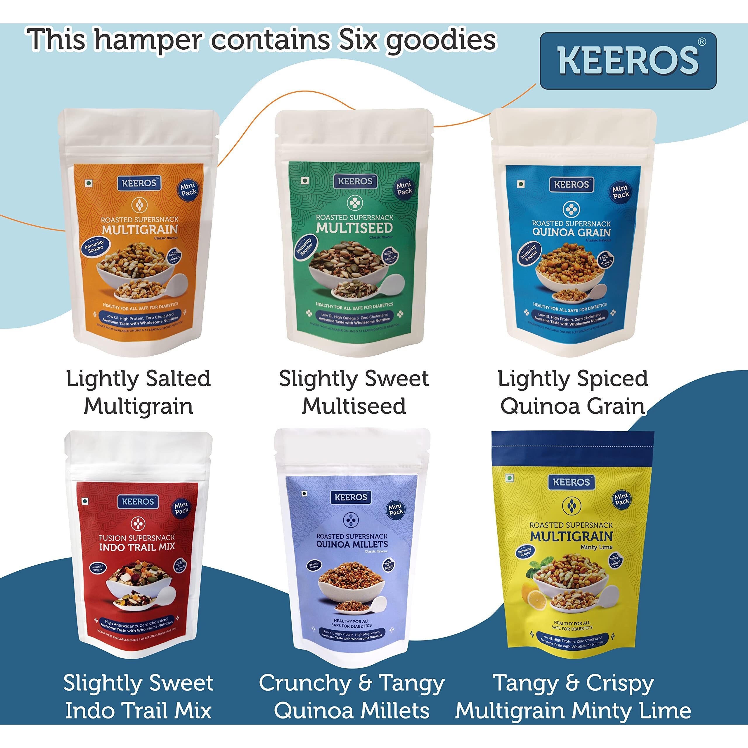 Keeros Healthy Rakhi Gift Hamper for Brother with Roli Moli Chandan Tikka Chawal Mishri | Combo of Sweet & Salted, Crispy & Tasty SuperSnacks in a Premium Gift Pack |6 Varieties of Snack Pouches(35g to 50g)