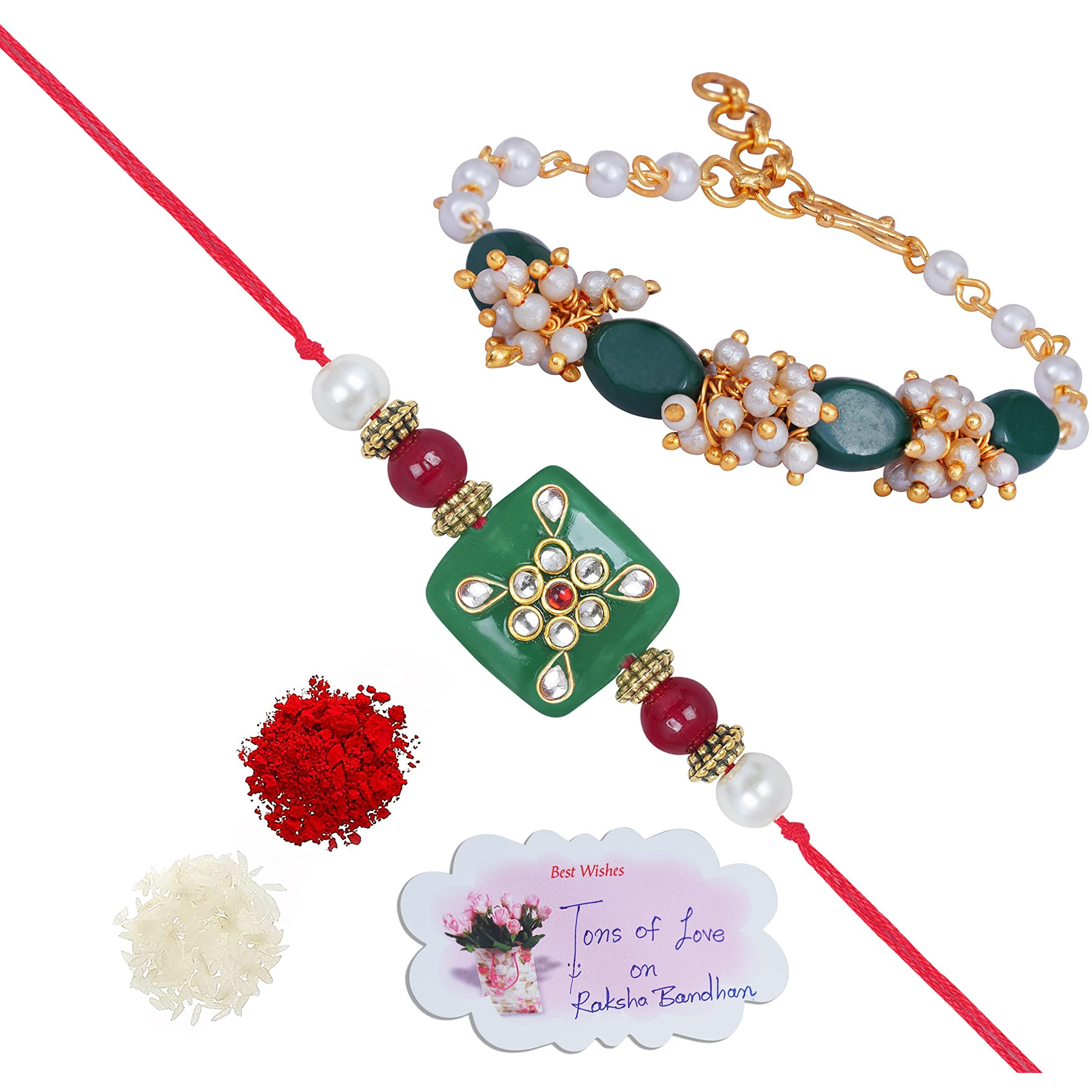 JFL - Jewellery for Less Mens Handmade Kundan Colorful Stone Combo Pearl Rakhi Set with Roli Chawal with Hand Written Greeting Note (Green)